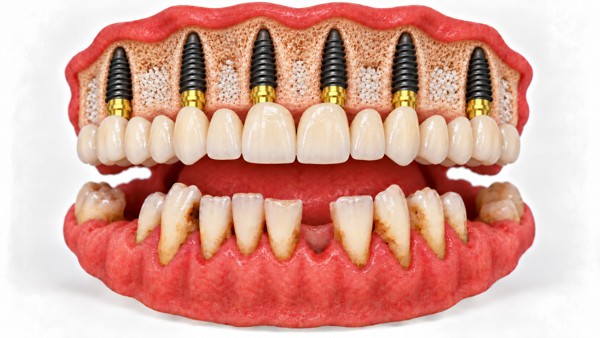 Ilustración 3D: Prótesis fija superior sobre seis implantes