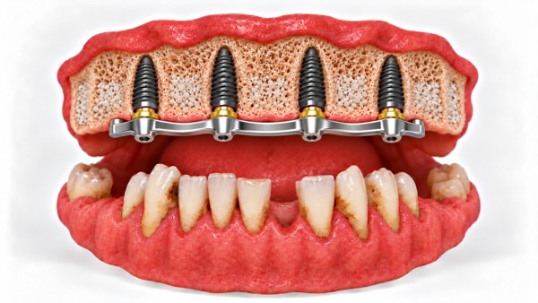 Ilustración 3D: Sobredentadura sobre barra y cuatro implantes