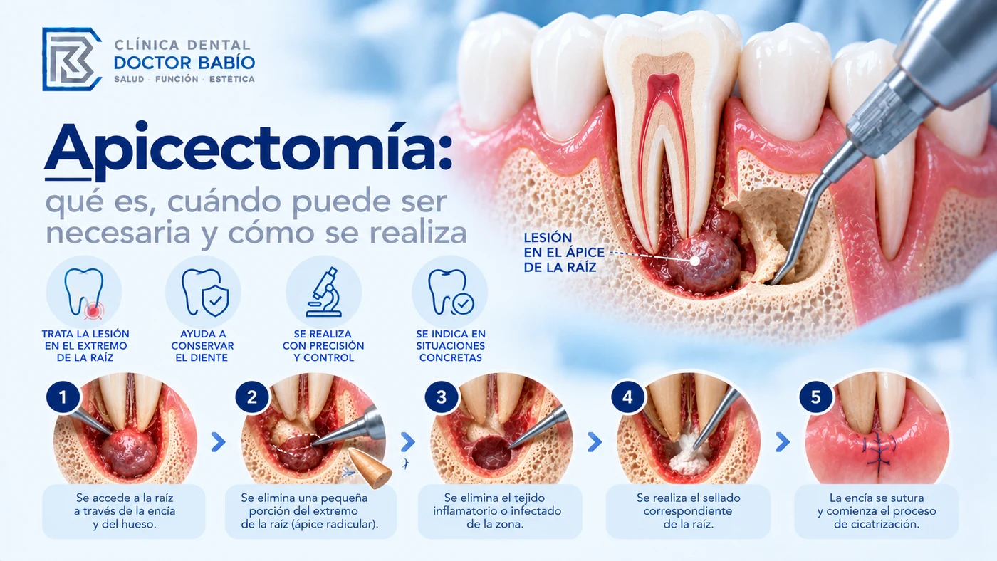 Apicectomía o cirugía apical para tratar una lesión persistente en el extremo de la raíz de un diente