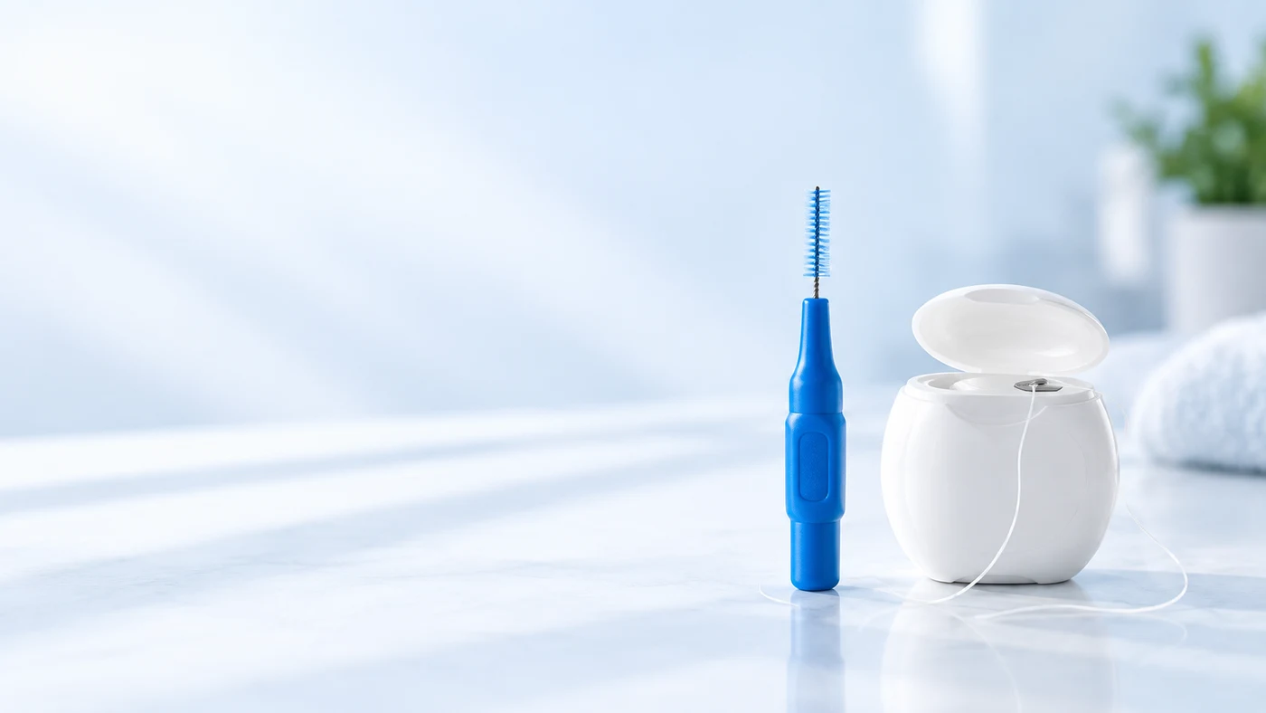 Cepillo interdental y seda dental en una composición ilustrativa