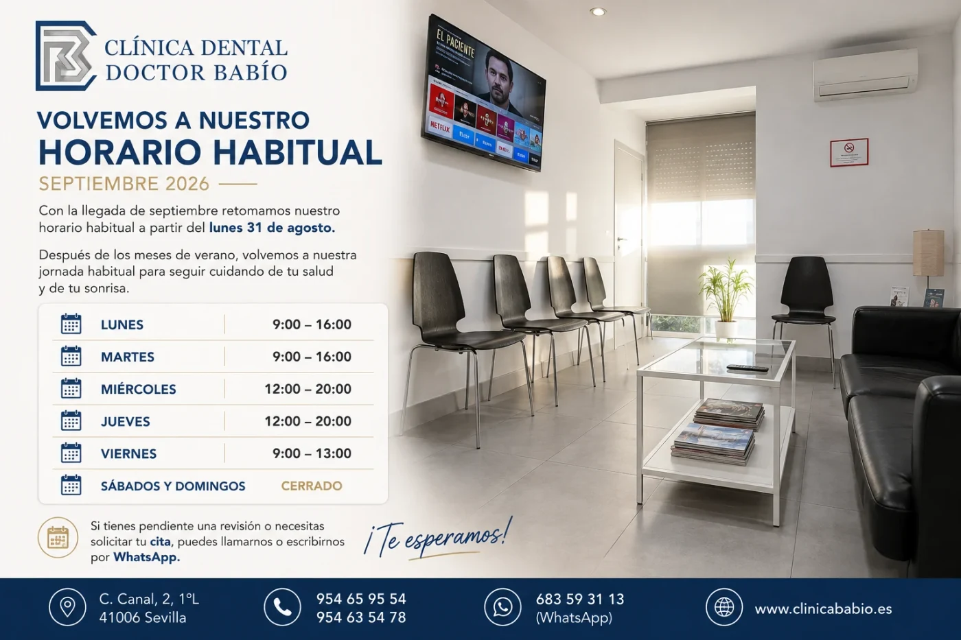 Horario de septiembre de Clínica Dental Doctor Babío en Sevilla
