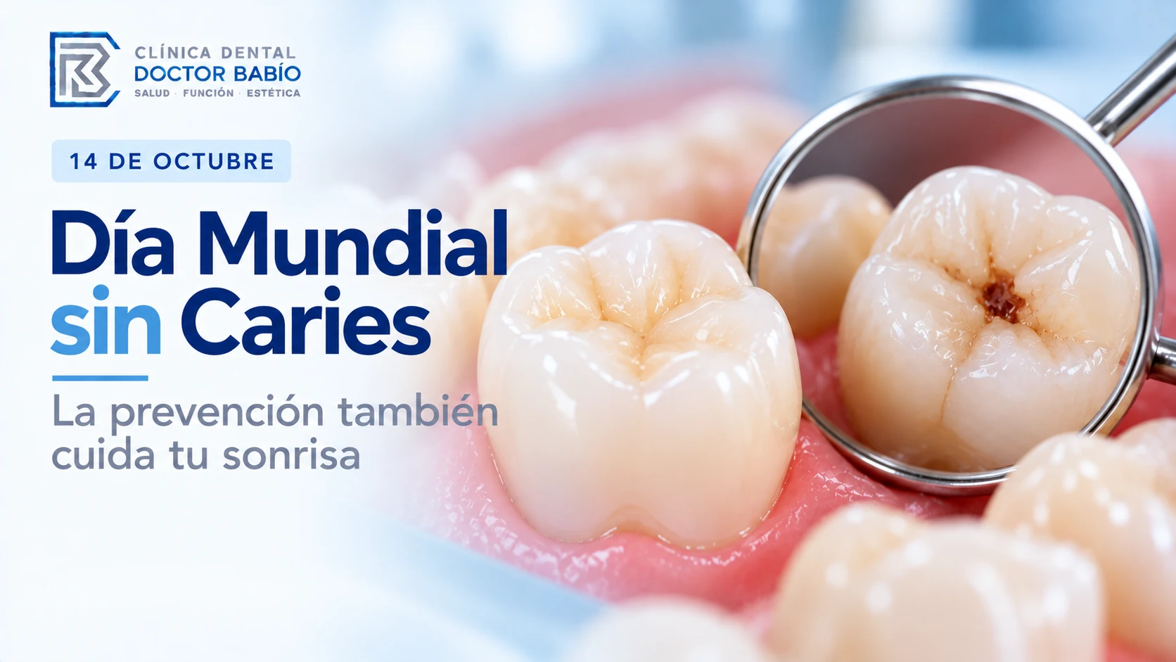 Día Mundial sin Caries, 14 de octubre, con ilustración dental sobre prevención y detección de caries.
